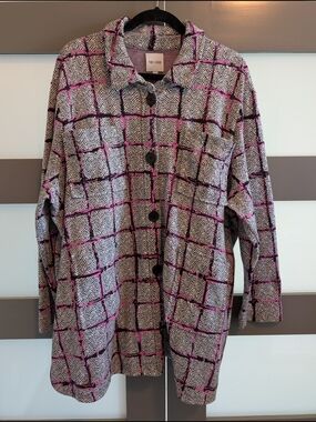 Nic+Zoe Pink & Black Plaid Button Cardigan Jacket Size 2X